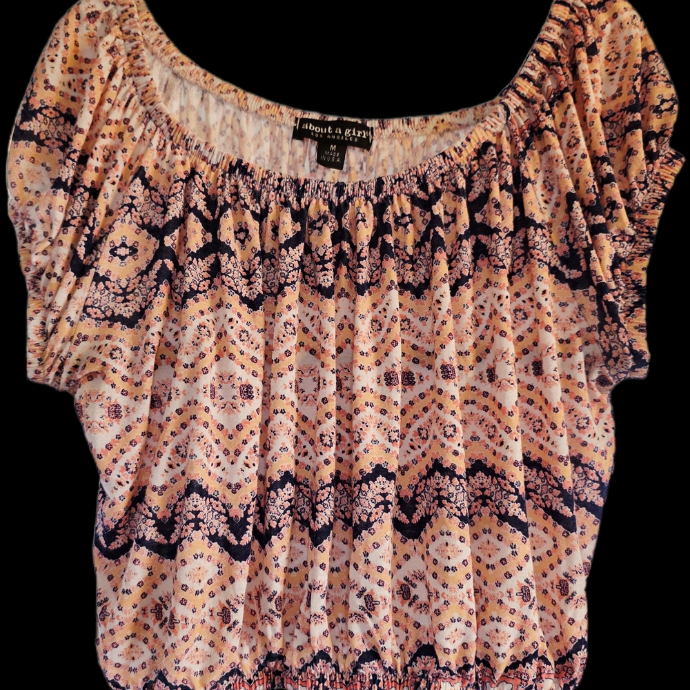 "About A Girl" Orange, Pink and Navy Off-The-Shoulder Peasant Crop Top